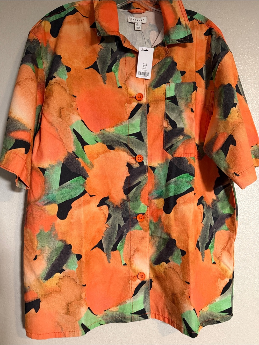 Topshop Orange, Green & Black Abstract Short-Sleeve Collared Shirt